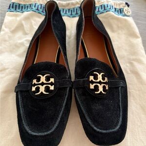 Tory Burch Miller Metal Logo Black Suede Loafers